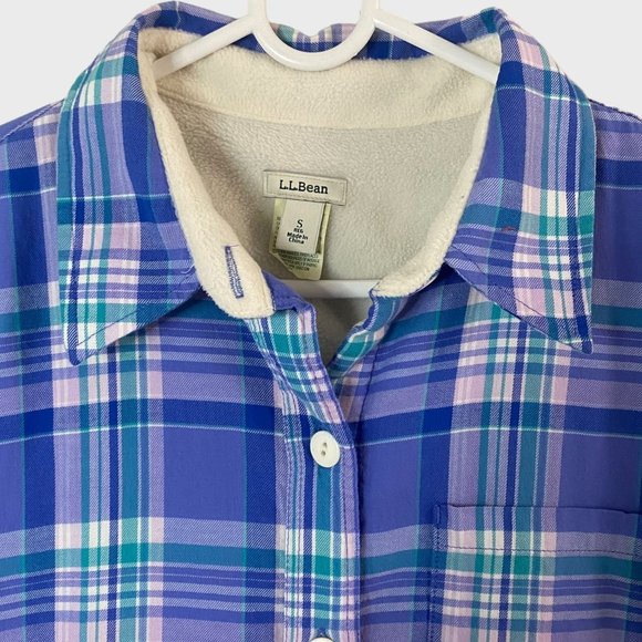 L.L. Bean Fleece Lined Flannel Shirt Womens Small Blue Plaid Button-Up Shacket - Picture 6 of 12
